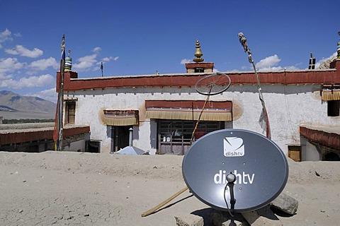 Shey monastery with satellite antenna and a bike wheel as a radio antenna, Ladakh, India, Himalayas, Asia