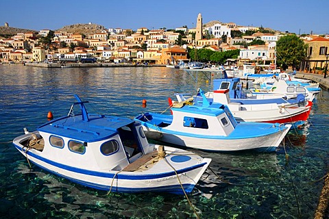 Boats in the port of Emborio, Chalki Island, Dodecanese, Greece, Europe