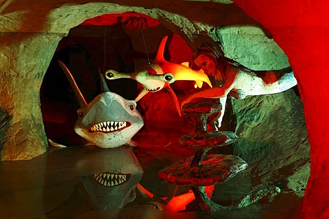 Underwater world with sharks, figures in the Walldorf sandstone and fairytale cave, Rhoen, Thuringia, Gerrmany, Europe