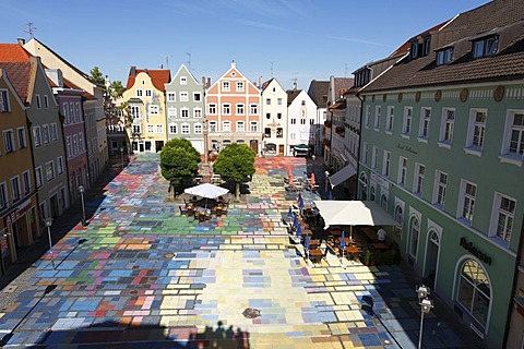 Marienplatz Square in Weilheim, pavement with Kandinsky paintings, Pfaffenwinkel, Upper Bavaria, Germany, Europe