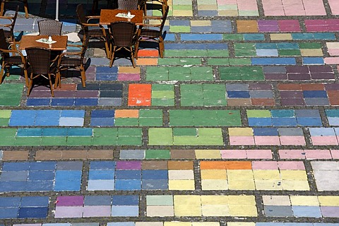 Marienplatz Square in Weilheim, colourful paving stones, detail of Kandinsky painting, Pfaffenwinkel, Upper Bavaria, Germany, Europe