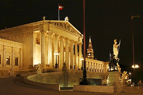 Parliament, Rossebaendiger, Pallas Athene and in the background City Hall, Vienna, Austria, Europe