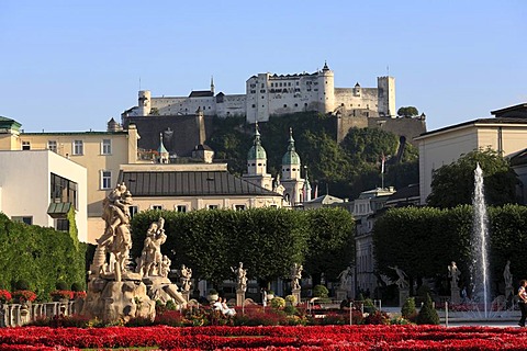 Mirabell Gardens with Raptus Group sculptures, Cathedral, Festung Hohensalzburg, Hohensalzburg Fortress, Salzburg, Austria, Europe