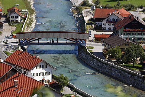 Loisach with high water protection wall in Eschenlohe, Upper Bavaria, Germany, Europe