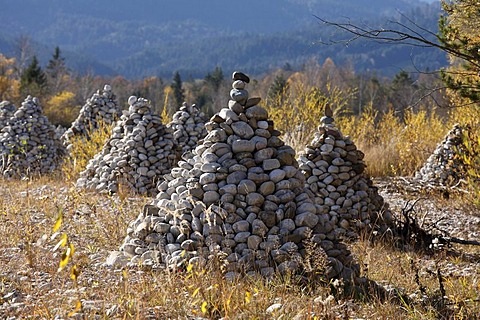 Stone pyramids on a gravel bank on the Isar River, near Bad Toelz, Isarwinkel, Upper Bavaria, Germany, Europe