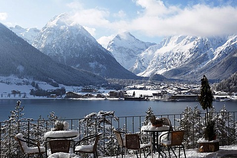 Pertisau and the Karwendel Range, view from the Bergkristall restaurant across the Lake Achensee, Tyrol, Austria, Europe