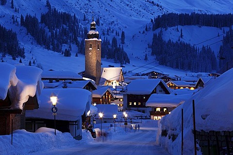 Winter evening in Lech, Vorarlberg, Austria, Europe