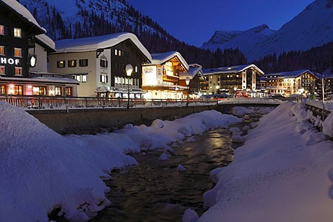 Winter evening in Lech, Vorarlberg, Austria, Europe