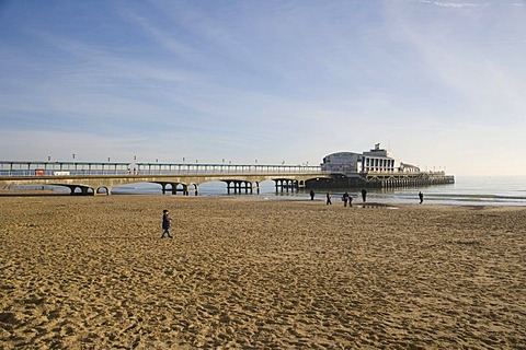 Bournemouth beach with Bournemouth Pier and Pier Theatre, Dorset, England, United Kingdom