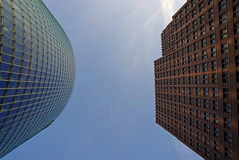 High-rise buildings, BahnTower and Kollhoff-Tower from a worm's-eye view, Potsdamer Platz, Berlin, Germany, Europe