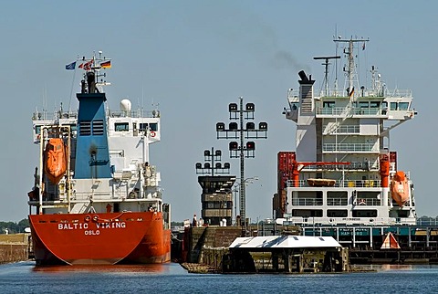 Close-up of container ships chanelling into the Holtenau floodgate, Kiel, Schleswig-Holstein, Germany, Europe