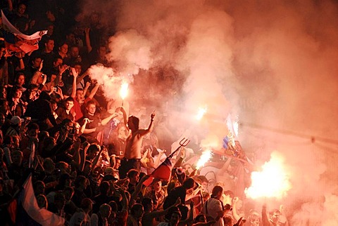 Russian fans lighting bengal lights, WM qualification match, Germany - Russia on 11/10/2008, Dortmund, North Rhine-Westphalia, Germany, Europe