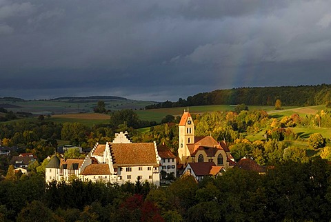 The village of Weil with Blumenfeld Castle and St Nikolaus Church in evening light, Constance administrative district, Baden-Wuerttemberg, Germany, Europe