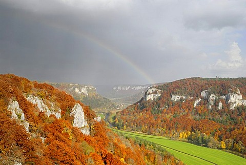 Stormy atmosphere with rainbow in upper Danube valley, County Sigmaringen, Baden-Wuerttemberg, Germany, Europe