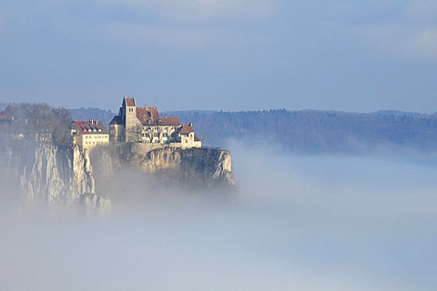 Fog above the Upper Donautal Valley, view of Werenwag Castle, county of Sigmaringen, Baden-Wuerttemberg, Germany, Europe