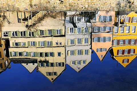 Old town houses by the Neckar river front mirroring themselves in the Neckar, Tuebingen, Baden-Wuerttemberg, Germany, Europe