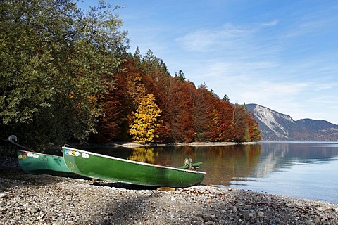 Autumn at Walchensee Lake, boats, Bavaria, Germany, Europe