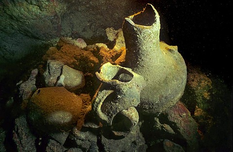 Broken amphoras in an underwater cave, Mediterranean Sea, Turkey