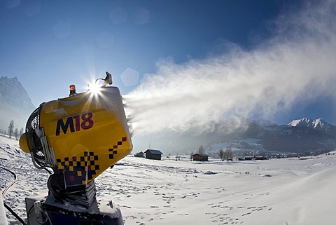 A snow cannon in front of the Zugspitze panorama, Ehrwald, Leermoos, Tirol, Austria, Europe