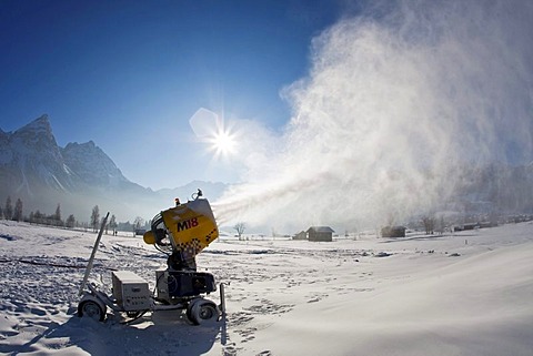 A snow cannon in front of the Zugspitze panorama, Ehrwald, Leermoos, Tirol, Austria, Europe