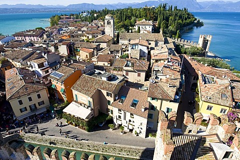 Panoramic view over the historic centre of Sirmione with the Santa Maria Maggiore Church, facing north, Lake Garda at back, Lago di Garda, Lombardy, Italy, Europe