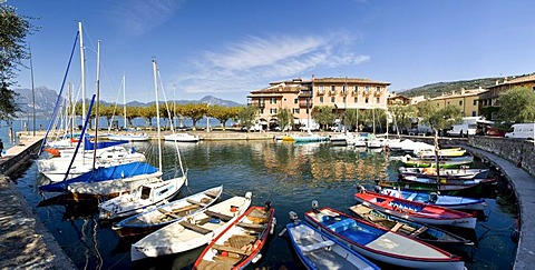 Panoramic view of harbor in Torri del Benaca on Lake Garda, Lago di Garda, Lombardy, Italy, Europe