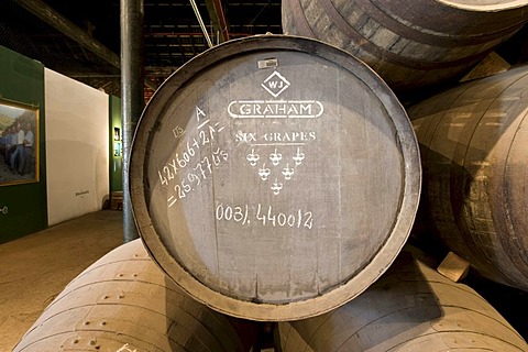 Oak barrels filled with port wine of Graham's Port Wine House on Rua Rei Ramiro, Vila Nova Gaia, Porto, UNESCO World Cultural Heritage Site, Portugal, Europe - Propertyrights www.symington.com JD@symington.com