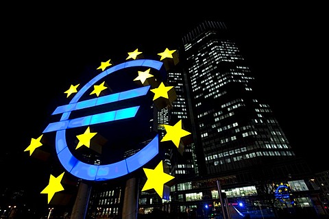 Euro symbol at night, in front of the EZB, ECB, European Central Bank, Frankfurt, Hesse, Germany, Europe