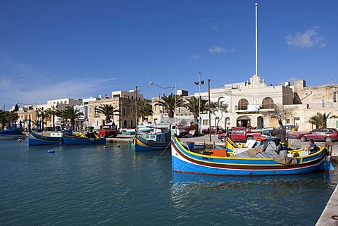 Traditional Maltese fishing boat, called Luzzu, port of Marsaxlokk, Malta, Europe