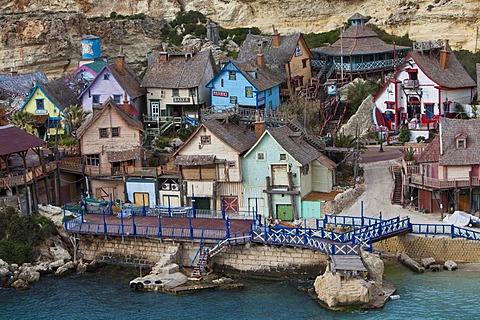 Popeye Village in Anchor Bay, film scenery for the Popeye film by Robert Altmann, Melliaha, Malta, Europe