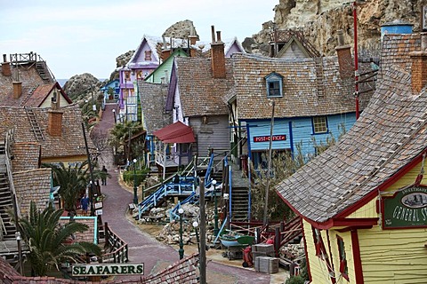 Popeye Village in Anchor Bay, film scenery for the Popeye film by Robert Altmann, Melliaha, Malta, Europe