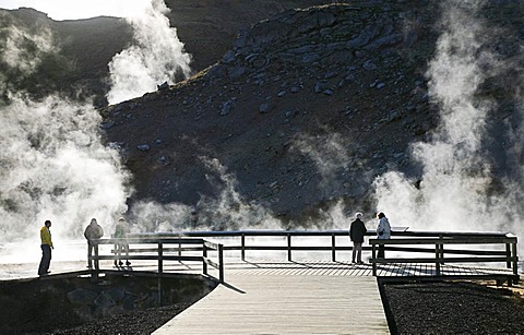 Viewing platform at the steaming hot water springs in the geothermal region of Seltun on southern Iceland, Iceland, Europe