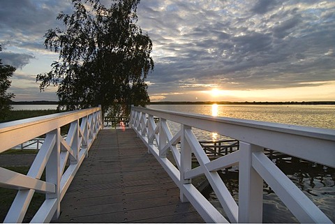 White bridge at sunset, Neustrelitz, Mecklenburg-Western Pomerania, Germany, Europe