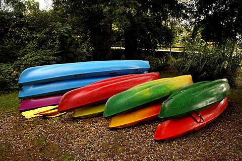 Stacks of colourful paddleboats, Illhaeusern, Alsace, France, Europe