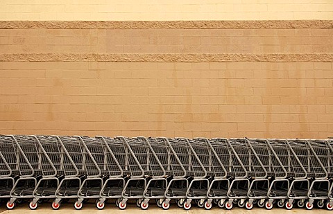 Shopping carts lined up against a supermarket wall, Newton, New Jersey, USA