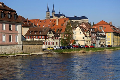 So-called little Venice with Regnitz River in front of Michaelskirche, St. Michael's Church, Bamberg, Upper Franconia, Bavaria, Germany, Europe