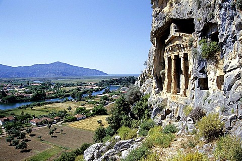 Tomb, lycian burial place in the rocks facing the river delta at Caunos, Dalyan in the district of Mugla, Turkey