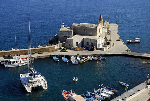 View from the castle hill over the port of Marina Corta and the Church of Anime del Purgatorio in the city of Lipari on Lipari Island, Aeolian or Lipari Islands, Tyrrhenian Sea, South Italy, Italy, Europe