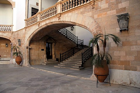 Stairway to a balcony with a balustrade in an inner courtyard, a Patio in the Palau, Palacio de Justicia, ministry of justice in former city palace Can Berga at Placa del Mercat, Plaza del Mercado, historic city centre, Ciutat Antiga, Palma de Mallorca, M