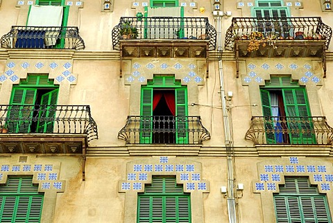 Residential apartment building from ca. 1913, facade contains Art Nouveau elements and Neo-Moorish tile details, Calle Sant Miquel, Palma de Mallorca, Mallorca, Balearic Islands, Spain, Europe