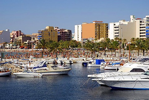 Boats in Club Nautic s'Arenal, marina, in front of buildings on the Boulevard of Arenal, Majorca, Balearic Islands, Mediterranean Sea, Spain, Europe