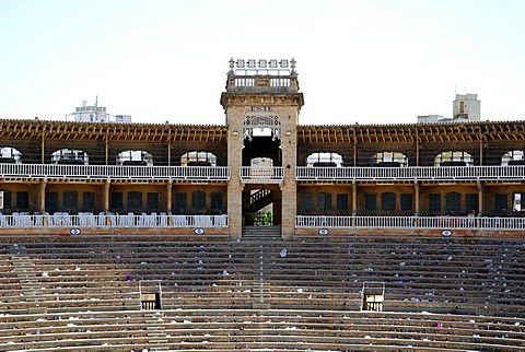 Deserted grandstand in Coliseu Balear, Plaza Praca de Toros, bullfight arena from 1929, Palma de Mallorca, Majorca, Balearic Islands, Spain, Europe