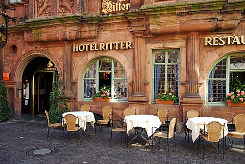 Ritter Restaurant Hotel, Haus zum Ritter St. Georg, facade and terrace, historic center, Heidelberg, Neckar Valley, Baden-Wuerttemberg, Germany, Europe