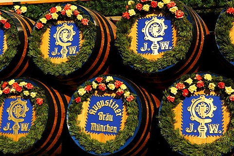 Beer kegs on the beer wagon from Augustiner Brewery, Wies'n, Oktoberfest, Munich, Bavaria, Germany, Europe