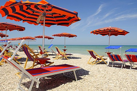 Sun umbrellas and deckchairs on the beach of Pineto, Abruzzi, Europe