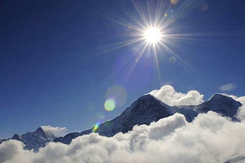 View from Maennlichen of Mt Wetterhorn, Mt Eiger, Mt Moench, Grindelwald, Bernese Alps, Switzerland, Europe