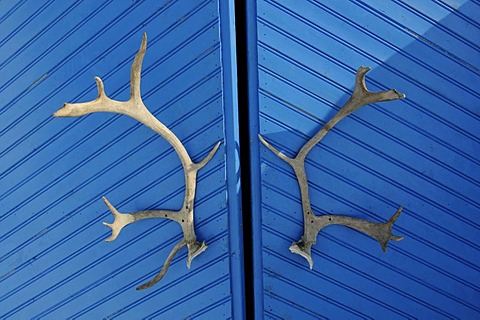 Entry doors to the igloo-hotel with caribou-antlers, Snow Hotel, Kirkenes, Finnmark, Lapland, Norway, Scandinavia, Europe