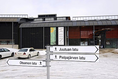 Direction sign in front of Siida, Sami-Museum, Inari, Lapland, Finland, Europe