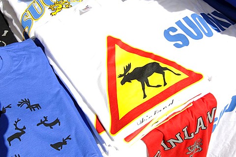 Souvenirs, elk shirt at a market, Esplanade, Helsinki, Finland, Europe