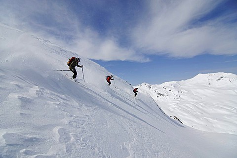 Ski wanderer on ski tour, ski-run from Tristkopf, Kelchsau, Tyrol, Austria, Europe